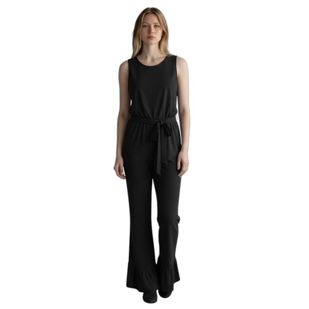 Vince Camuto Black Jumpsuit with Tie Belt Cropped Bell Bottom Size Large